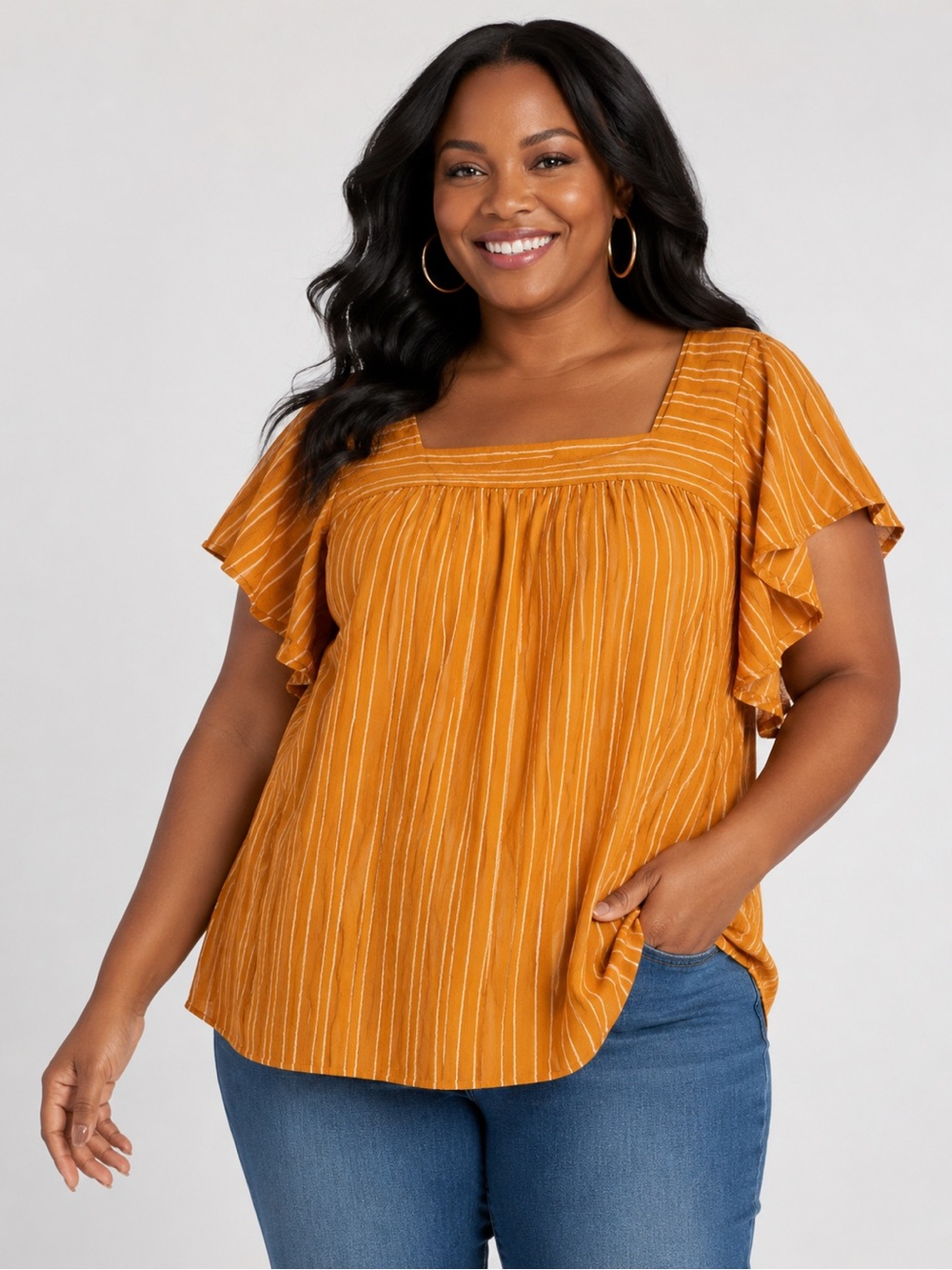 Sonoma Mustard Stripe Flutter Sleeve Top 2X Gauze Cotton Boho